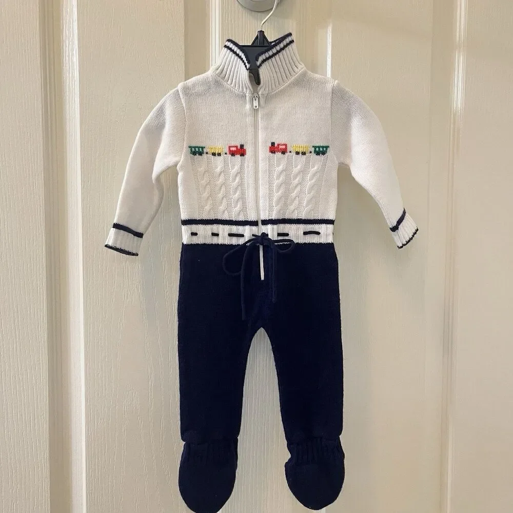 Vintage Baby Togs Train Knit Footie One Piece Footed Romper Birth to 3 Months